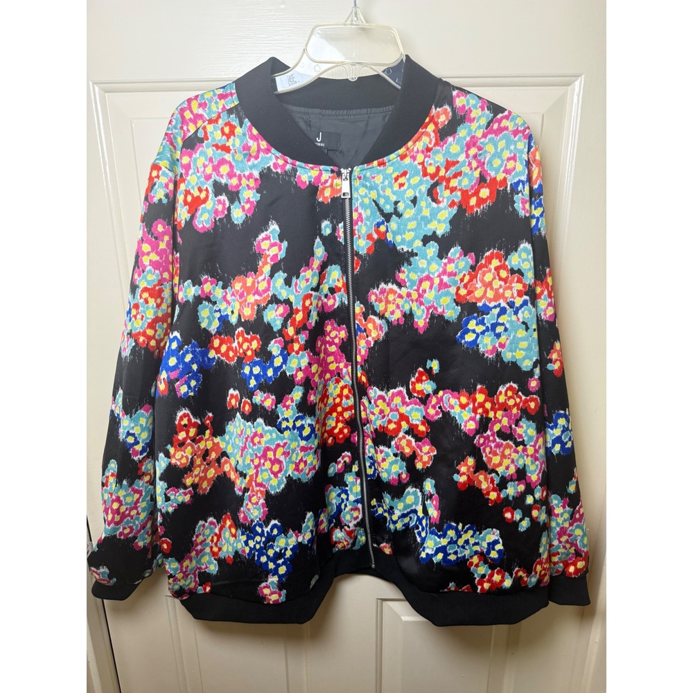 J Jason Wu Floral Bomber Jacket Black Multi Color Zip Front